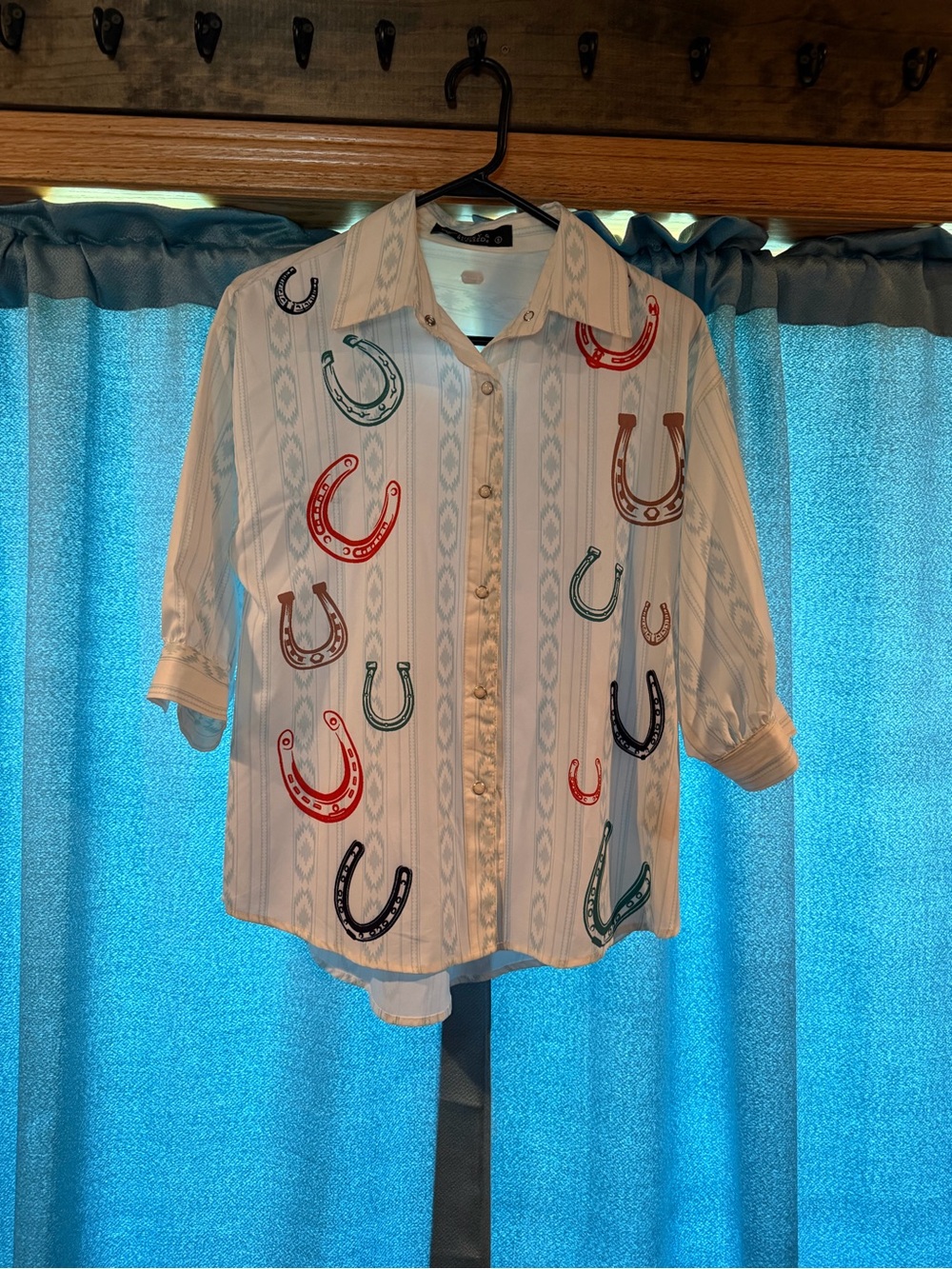 White Button-Up Shirt with Colorful Horseshoe Print